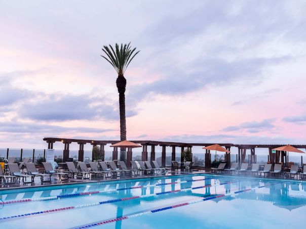 A resort pool with clear blue water, poolside loungers and umbrellas, a tall palm tree, and a pier-like wooden structure against a pastel sunset.